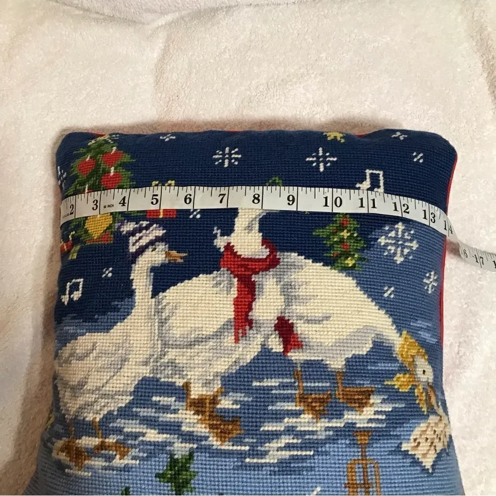 Steinway Vtg Christmas Needlepoint Geese Throw Pillow